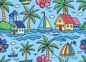 tropical beach pattern with palm trees, boats, and the ocean vector