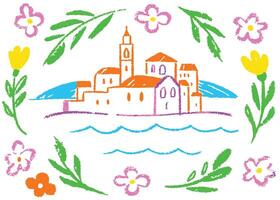 A delightful birthday cake adorned with flowers and candles sits on a tropical beach, basking in the summer sun with the ocean waves gently rolling in vector