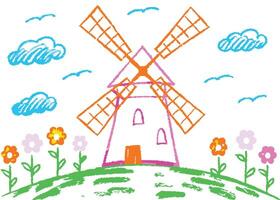 a windmill in a summer field with flowers, a house, trees, and a bright sky vector