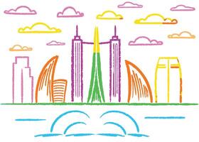 a city with a set of summer travel icons, symbolizing beach vacations with sun, sea, boats, and palm trees vector