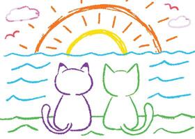 Cute cartoon animal of a baby cat and mouse on the beach with a funny bird under the sun vector