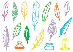 Feather set vintage leaf illustration with bird plume decoration and seamless autumn pattern design vector