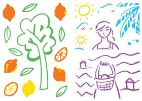 set features healthy food and fruit, including apples, oranges, and green leafy vegetables, alongside cheerful summer and spring elements like flowers, trees, and autumn vector
