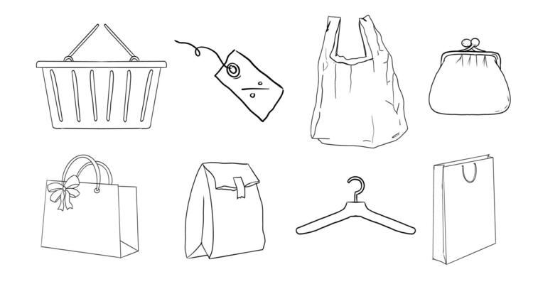 Shopping cart trolley doodle, shopping basket supermarket bag, net shopper simple line. Craft bag, paper bag. Purchase trade sketch, hand drawn