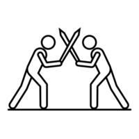 Symbol two fencers engaged in a sword fight isolated on white background. Fencers dueling with swords in a dramatic battle. Fencing sport championship design element editable stroke. vector