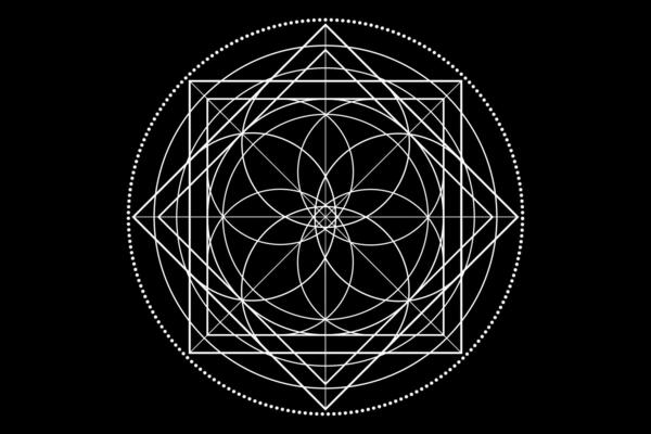 Sacred Geometry symbol. Logo icon Geometric mystic mandala of alchemy esoteric Flower of Life. Mystical lotus of fortune, white tattoo divine meditative amulet isolated on black background