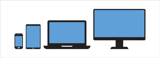 Device icon set, in flat style. Smartphone, tablet, laptop and desktop computer symbols. Digital device collection. illustration vector