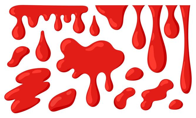Blood splash set. Drop and blob of blood. Bloodstains. Dripping red paint. Bloody ink drips. Flat illustration isolated on white background