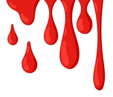 Dripping red paint. Bloody ink drips. Blood splash. Drop and blob of blood. Bloodstains. Flat illustration isolated on white background