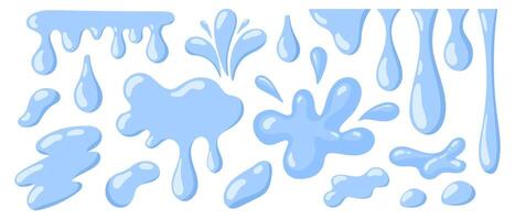 Water splash set. Blue dripping water drops, blots, swirl, pour, splashes, and shapes. Liquid flow, wave, stream and puddles. Flat illustration isolated on white background vector