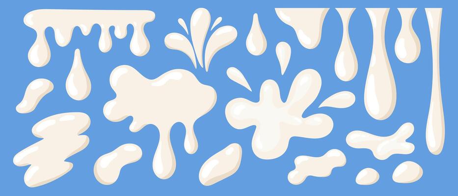 Dairy splash set. White milk or yogurt blots, drops, swirl, pour, splashes, and shapes for logo, emblems, sticker, label. Nature organic products. Flat illustration isolated on blue background