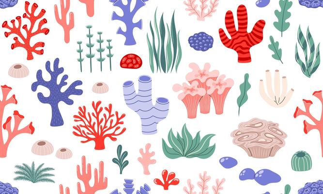 Seamless pattern coral and seaweed set. Ocean plants, underwater flora, sponges and seagrasses. Aquatic plant, algae, tropical coral-reef background. Hand drawn flat illustration