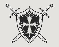 A black and white shield with a cross and two crossed swords on a light background vector