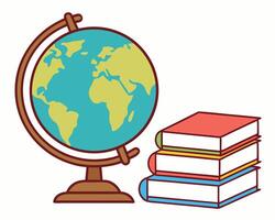 Colorful illustration of a globe and stack of books representing education and global knowledge. vector