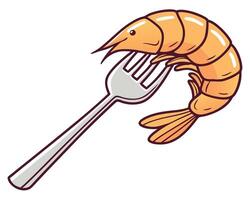 Cartoon illustration of a cooked shrimp impaled on a silver fork against a white background vector