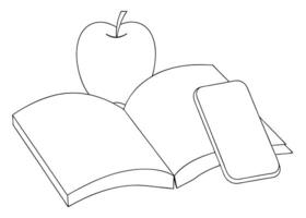 Simple line art illustration depicting open book apple and a smartphone ready for education vector