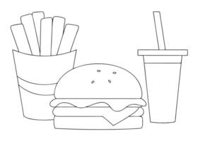 Simple black and white line drawing of a hamburger french fries and soft drink vector