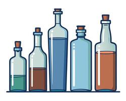 Colorful illustration of various bottles filled with liquids and corks arranged in a row vector