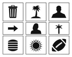 Set of black icons with simple illustrations of everyday objects and elements in squares vector