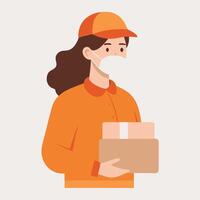 Delivery person wearing face mask holding package during the ongoing global pandemic with safety measures vector