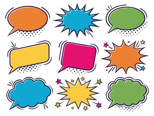Colorful comic style speech bubbles collection perfect for communication and design projects