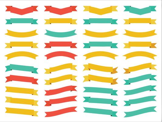 Colorful collection of ribbons and banners in flat style with diverse shapes and colors.