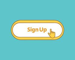 Simple sign up button illustration with hand pointer and blue background for website design vector