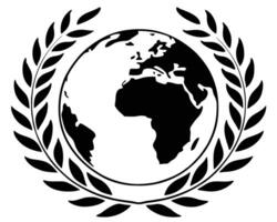 Black and white earth globe surrounded by laurel wreath symbolizing world peace and unity vector