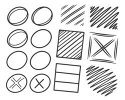 Hand drawn sketch elements collection including circles squares lines and check marks on a white background vector