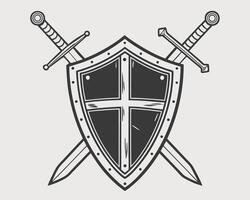 Vintage shield and crossed swords emblem illustrating protection and defense elements in monochrome design vector