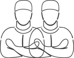 Minimalist continuous line drawing depicting two individuals with arms crossed and wearing headwear. vector