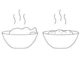 Simple black and white illustration of a bowl with chicken and a bowl with mashed potatoes vector