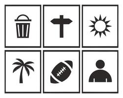 Collection of six simple black and white icons of diverse objects and symbols on white background vector