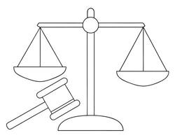 Simple outline illustration depicting scales of justice with a gavel representing legal concepts vector
