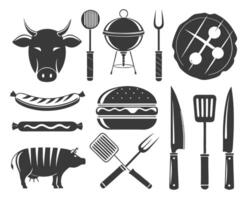 Black and white bbq and grilling icons featuring cattle, pig, hamburger, and utensils vector