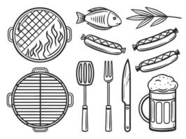Black and white bbq elements including grills fish sausages utensils and beer mug design vector