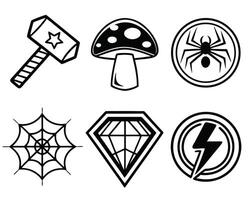 Hand drawn superhero themed cartoon icons collection featuring hammer mushroom spider web diamond and lightning bolt vector