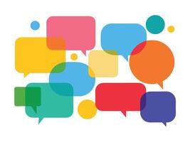 Colorful overlapping speech bubbles abstract composition illustrating communication discussion ideas messaging conversations vector