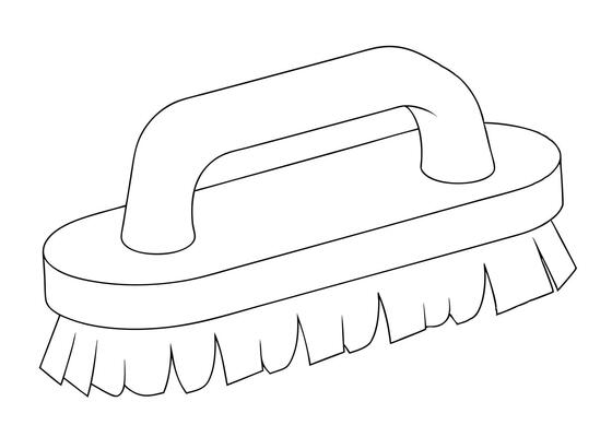 Detailed black and white illustration of a classic scrubbing brush with handle for cleaning