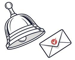 Hand bell ringing to announce important message with a received mail and a check mark confirmation vector