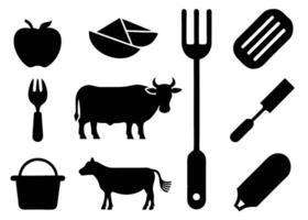Black silhouette icons of food items like apple butter cow spatula fork and bucket arranged together vector