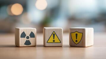 Radiation Safety Measures for Hazard Awareness and Protective Protocols. Emergency Response, Risk Mitigation and Security Standards. Business Wooden Cubes. photo