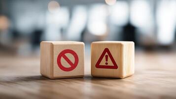 Restriction Alerts for Hazard Control and Compliance Strategies. Safety Enforcement, Risk Reduction and Regulatory Standards. Business Wooden Cubes photo