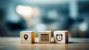 Location Planning Tools for Time Optimization and Calendar Coordination. Schedule Management, Event Arrangement, And Efficient Timekeeping. Business Wooden Cubes. photo