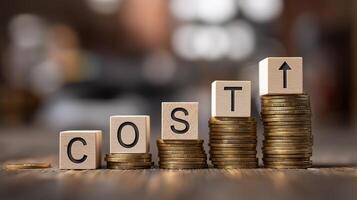 COST Written on a Wooden Cubes. Rising Costs and High Interest Rates Impact with Financial Challenges and Expense Growth. Budget Analysis, Inflation and Cost Management. photo