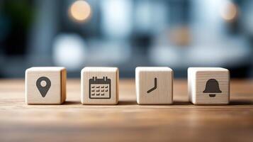 Event Scheduling Tools for Time Management and Location Based Notifications. Calendar Planning, Reminder Systems, And Organizational Efficiency. Business Deadline Concept Wooden Cubes photo