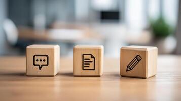 Customer Feedback and Review Process Represented by Symbolic Wooden Cubes with Speech Bubble, Pencil and Document Icons Emphasizing User Opinions, Evaluation and Experience Insights photo
