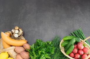 Okroshka ingredients display a the bottom of the image on a dark gray background photo