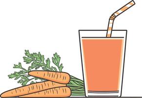 Fresh Carrot Juice in Glass with Straw and Three Carrots with Green Tops vector