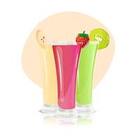 Three tall glasses filled with colorful smoothies are arranged in a row vector